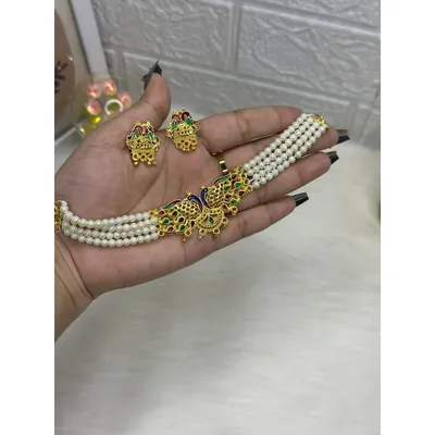 Gold Polished Peacock Pearl Necklace Set | South Indian Style Choker